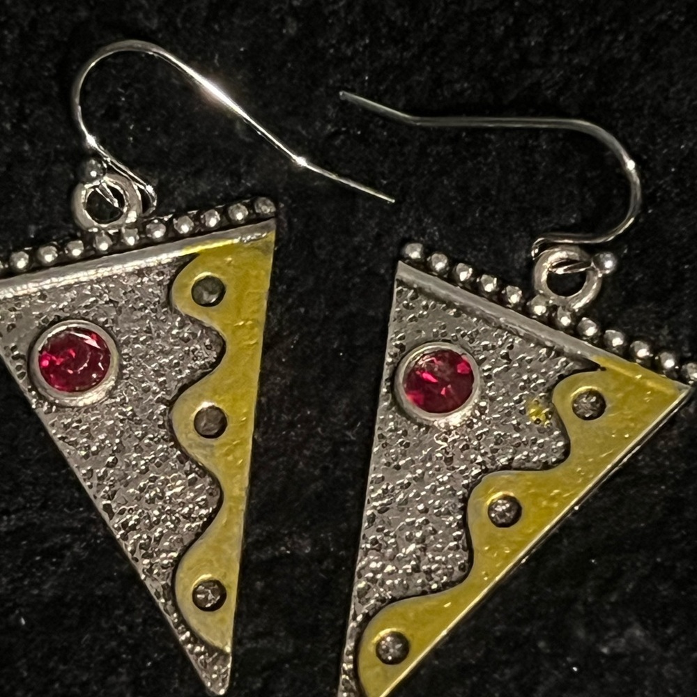 Silver and Gold Pizza  Earrings with Red & Pink Accents